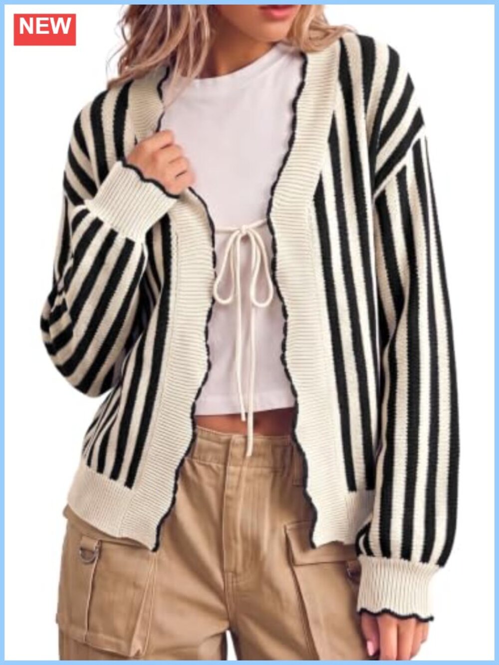 Striped Cardigan Sweater Long Sleeve Wavy Trim Tie Front Knit